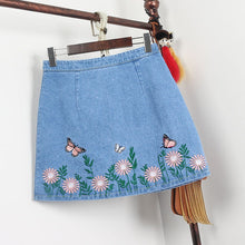New  Fashion butterfly Floral Embroidery A-Line Skirt Mini Denim Skirts Woman Retro High Waist Skirts 72561 SM6