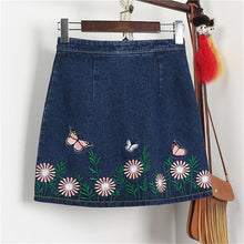 New  Fashion butterfly Floral Embroidery A-Line Skirt Mini Denim Skirts Woman Retro High Waist Skirts 72561 SM6