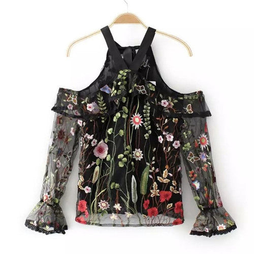 New  Floral Embroidery Long Sleeve Hanging Neck Ribbon Sexy Blouse Ruffles Shirt Ladies Translucent Blusas Women Tops SM6
