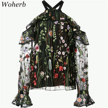 New  Floral Embroidery Long Sleeve Hanging Neck Ribbon Sexy Blouse Ruffles Shirt Ladies Translucent Blusas Women Tops SM6
