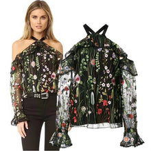 New  Floral Embroidery Long Sleeve Hanging Neck Ribbon Sexy Blouse Ruffles Shirt Ladies Translucent Blusas Women Tops SM6