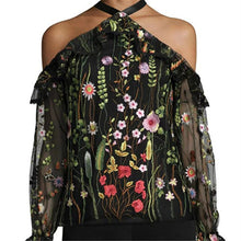 New  Floral Embroidery Long Sleeve Hanging Neck Ribbon Sexy Blouse Ruffles Shirt Ladies Translucent Blusas Women Tops SM6