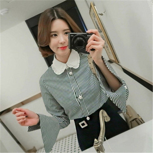 New  Korean style Cute Blouse Women Plus Size Elegant Tops Stand collar Striped Shirt Pearl buttons Blusas 72500 SM6