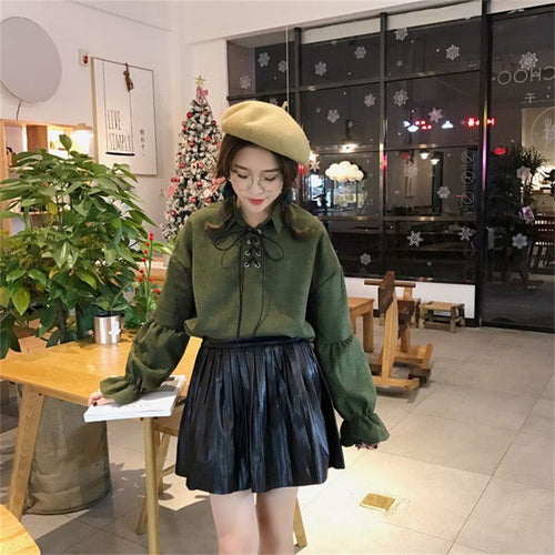 New  Korean style Summer Elegant Bow Tie Blouse Turn-Down Collar Shirt Lantern Sleeve Blusas Women Tops 72516 SM6