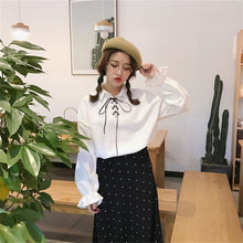 New  Korean style Summer Elegant Bow Tie Blouse Turn-Down Collar Shirt Lantern Sleeve Blusas Women Tops 72516 SM6