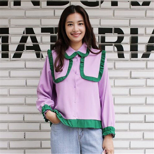 New  Korean style Summer Elegant Contrast Color Blouse Patchwork Peter Pan Collar Shirt Cute Blusas Women Tops 72504 SM6