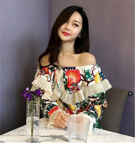 New  Korean style Summer Elegant Full Sleeve Chiffon Blouse Floral Women Tops Slash neck Shawl-collar Shirt Sexy Blusas72492 SM6