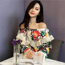 New  Korean style Summer Elegant Full Sleeve Chiffon Blouse Floral Women Tops Slash neck Shawl-collar Shirt Sexy Blusas72492 SM6