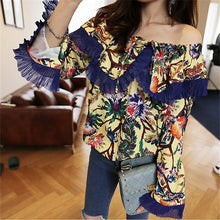 New  Korean style Summer Elegant Full Sleeve Chiffon Blouse Floral Women Tops Slash neck Shawl-collar Shirt Sexy Blusas72492 SM6