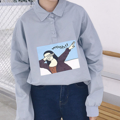 New  Korean style Summer Kawaii Button Blouse Letter Cartoon Character Print Shirt Cute Blusas Plus Size Women Tops 72512 SM6