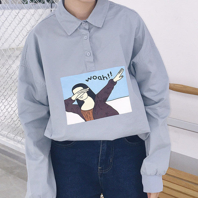 New  Korean style Summer Kawaii Button Blouse Letter Cartoon Character Print Shirt Cute Blusas Plus Size Women Tops 72512 SM6