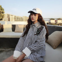 New  Plus size Summer Spring Full Sleeve Pink Floral Embroidery Striped Blouse V-Neck Shirt Cute Blusas Women Tops 72523 SM6