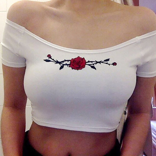 New  Summer Women T shirts Fashion Slash neck collar T-shirt Rose Print Female Slim Tops Woman t shirt 72537 SM6