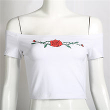 New  Summer Women T shirts Fashion Slash neck collar T-shirt Rose Print Female Slim Tops Woman t shirt 72537 SM6