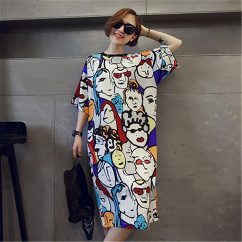 New  Summer Women Vestidos Casual Cartoon Character Print O-Neck Short Sleeve Dress Plus Size Loose Dresses 72485 SM6