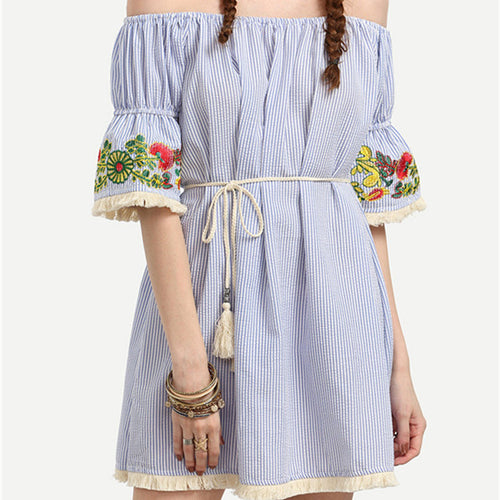 New  Vestidos Plus Size Cute Dress Brief Style Slash Neck Sleeveless Embroidery Women Dresses with Tassel 71024 SM6