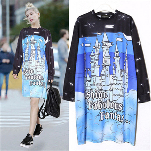 New  Women Fashion Brand Personalized Star Castle Print T Shirt Plus Size Tops Casual Woman O-Neck Full Sleeve t-shirt SM6