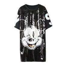 New  Women Fashion Harajuku Cartoon Mouse Print Black Long T Shirt Sequins Tops Plus Size Woman Short Sleeve t-shirt 72712 SM6