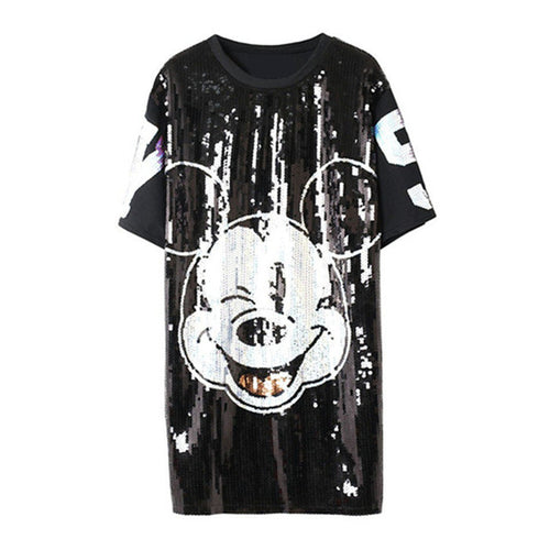 New  Women Fashion Harajuku Cartoon Mouse Print Black Long T Shirt Sequins Tops Plus Size Woman Short Sleeve t-shirt 72712 SM6