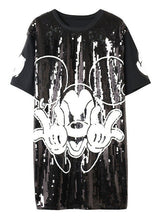 New  Women Fashion Harajuku Cartoon Mouse Print Black Long T Shirt Sequins Tops Plus Size Woman Short Sleeve t-shirt 72712 SM6