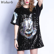 New  Women Fashion Harajuku Cartoon Mouse Print Black Long T Shirt Sequins Tops Plus Size Woman Short Sleeve t-shirt 72712 SM6