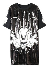New  Women Fashion Harajuku Cartoon Mouse Print Black Long T Shirt Sequins Tops Plus Size Woman Short Sleeve t-shirt 72712 SM6