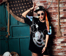 New  Women Fashion Harajuku Cartoon Mouse Print Black Long T Shirt Sequins Tops Plus Size Woman Short Sleeve t-shirt 72712 SM6