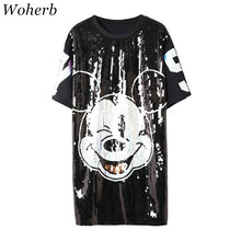New  Women Fashion Harajuku Cartoon Mouse Print Black Long T Shirt Sequins Tops Plus Size Woman Short Sleeve t-shirt 72712 SM6
