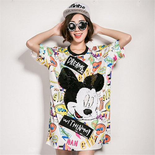 New  Women Summer Fashion Tops Sequined Cartoon Animal Print T Shirt Plus Size Woman O-Neck Short Sleeve t-shirt 72481 SM6