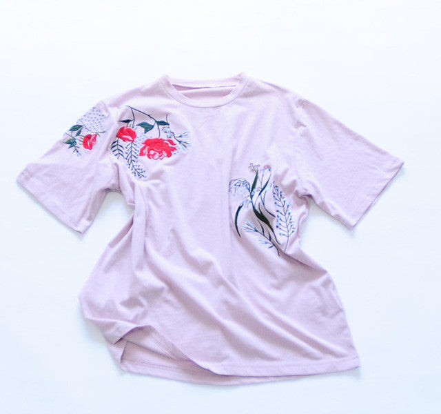 New  Women Summer Floral Embroidery Print Fashion Tops T Shirt Woman O-Neck Short Sleeve Plus Size t-shirt 72599 SM6