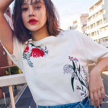 New  Women Summer Floral Embroidery Print Fashion Tops T Shirt Woman O-Neck Short Sleeve Plus Size t-shirt 72599 SM6