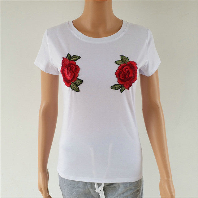 New  Women Summer T Shirt Casual Rose Embroidery Fashion T-shirts Tops Plus Size Female Short Sleeve t shirts 72567 SM6