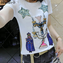 New  Women Summer T Shirt Fashion T-shirts Star Soldier Shiny Sequined Tops Plus Size Female Short Sleeve t shirts 72609 SM6