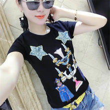 New  Women Summer T Shirt Fashion T-shirts Star Soldier Shiny Sequined Tops Plus Size Female Short Sleeve t shirts 72609 SM6