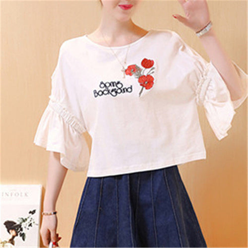 New  Women Summer T Shirt Fashion Tops Female T-shirts Embroidery Hollow out Three Quarter Sleeve t shirts Plus Size SM6