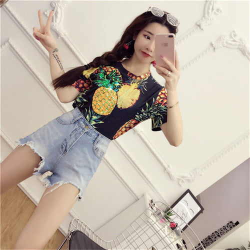 New  Women Summer T Shirt Pineapple Print Fashion T-shirts Shiny Sequined Tops Plus Size Female Short Sleeve t shirts 72662 SM6