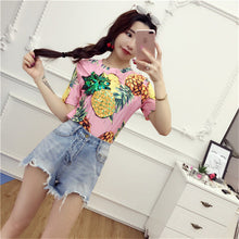 New  Women Summer T Shirt Pineapple Print Fashion T-shirts Shiny Sequined Tops Plus Size Female Short Sleeve t shirts 72662 SM6