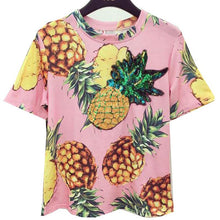 New  Women Summer T Shirt Pineapple Print Fashion T-shirts Shiny Sequined Tops Plus Size Female Short Sleeve t shirts 72662 SM6