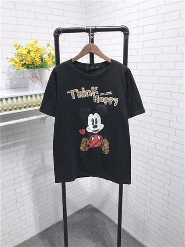 New  Women T shirts Fashion T-shirt O-neck Sequined Letter Animal Character Print Female Plus Size Tops Woman t shirt 72529 SM6