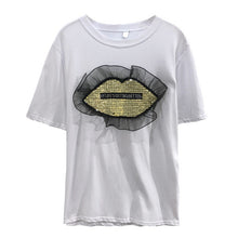 New  Women T shirts Fashion T-shirt O-neck Sequined Lips Letter Print Patchwork Lace Female Plus Size Tops Woman t shirt 531 SM6