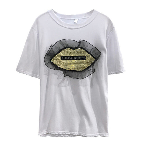 New  Women T shirts Fashion T-shirt O-neck Sequined Lips Letter Print Patchwork Lace Female Plus Size Tops Woman t shirt 531 SM6