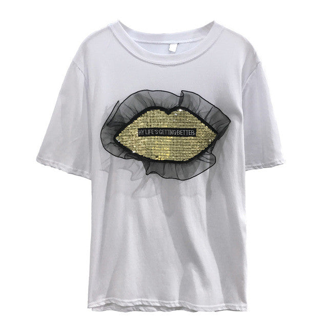 New  Women T shirts Fashion T-shirt O-neck Sequined Lips Letter Print Patchwork Lace Female Plus Size Tops Woman t shirt 531 SM6