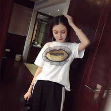 New  Women T shirts Fashion T-shirt O-neck Sequined Lips Letter Print Patchwork Lace Female Plus Size Tops Woman t shirt 531 SM6