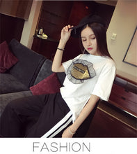 New  Women T shirts Fashion T-shirt O-neck Sequined Lips Letter Print Patchwork Lace Female Plus Size Tops Woman t shirt 531 SM6