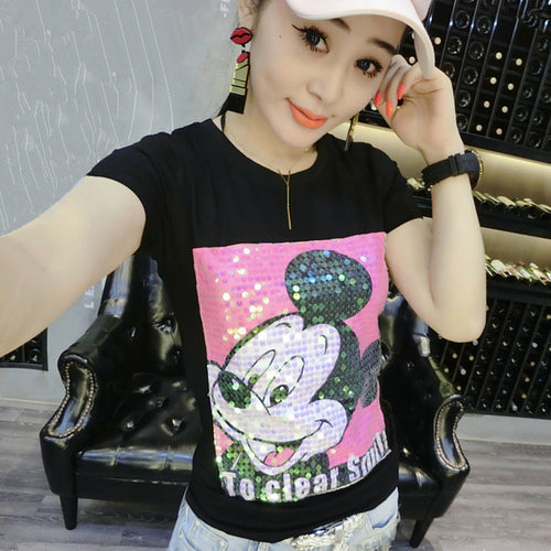 New  Women T shirts Fashion T-shirt O-neck Tops Cute Animal Character Sequined Bling Female Plus Size Woman t shirt 72528 SM6