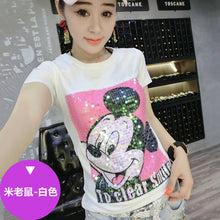 New  Women T shirts Fashion T-shirt O-neck Tops Cute Animal Character Sequined Bling Female Plus Size Woman t shirt 72528 SM6