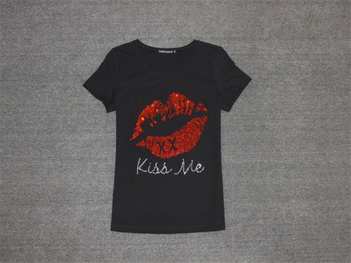 New  Women T shirts Fashion T-shirt Woman O-neck Top Short Sleeve Kiss Me Diamond Bling Female Plus Size t shirt 72358 SM6