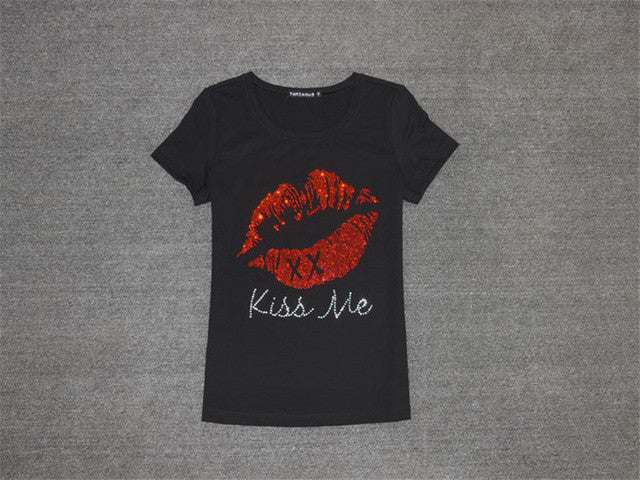 New  Women T shirts Fashion T-shirt Woman O-neck Top Short Sleeve Kiss Me Diamond Bling Female Plus Size t shirt 72358 SM6