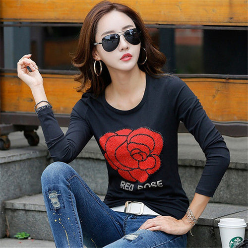 New  Women T shirts Fashion T-shirt Woman O-neck Tops Full Sleeves Print Diamonds Bling Female Plus Size t shirt 72555 SM6