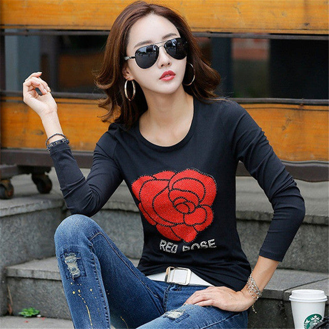 New  Women T shirts Fashion T-shirt Woman O-neck Tops Full Sleeves Print Diamonds Bling Female Plus Size t shirt 72555 SM6
